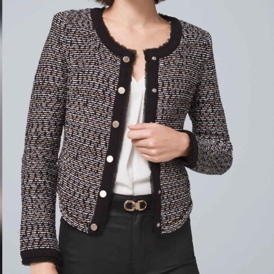 White House Black Market Crop Sweater Jacket Medium Black Boucle Tweed Stretch